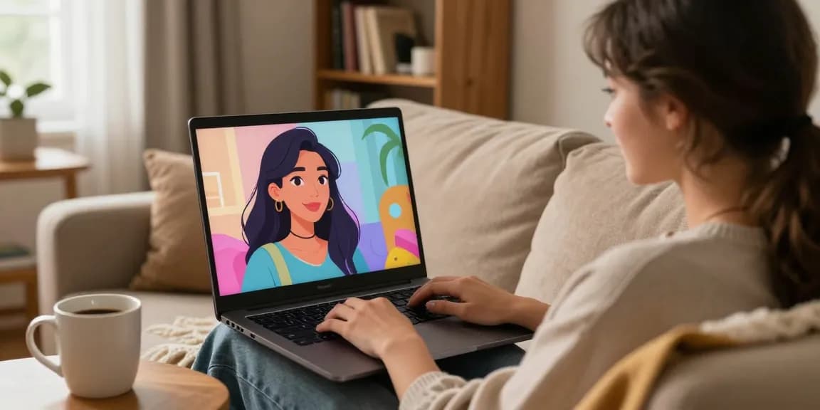 Engaging scene of a user interacting with their girlfriend AI on a laptop, creating a warm atmosphere.