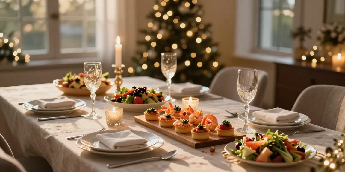 Förrätter till nyår elegant dukat bord med läckra tilltugg och festlig atmosfär.