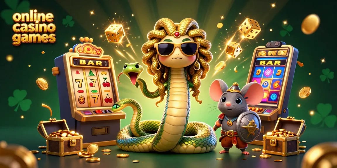 Experience thrilling online casino games with Medusa and a warrior mouse amid dazzling slot jackpots.