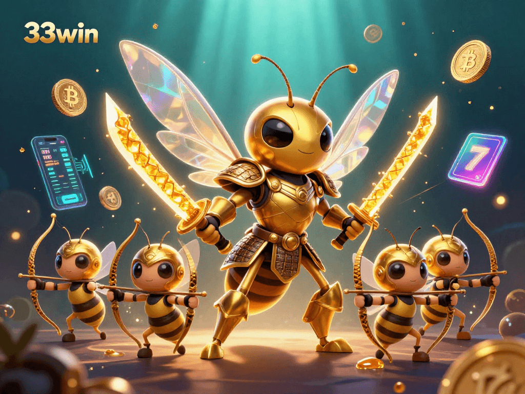 Engage in thrilling 33win slots with vibrant characters and glowing crypto elements.