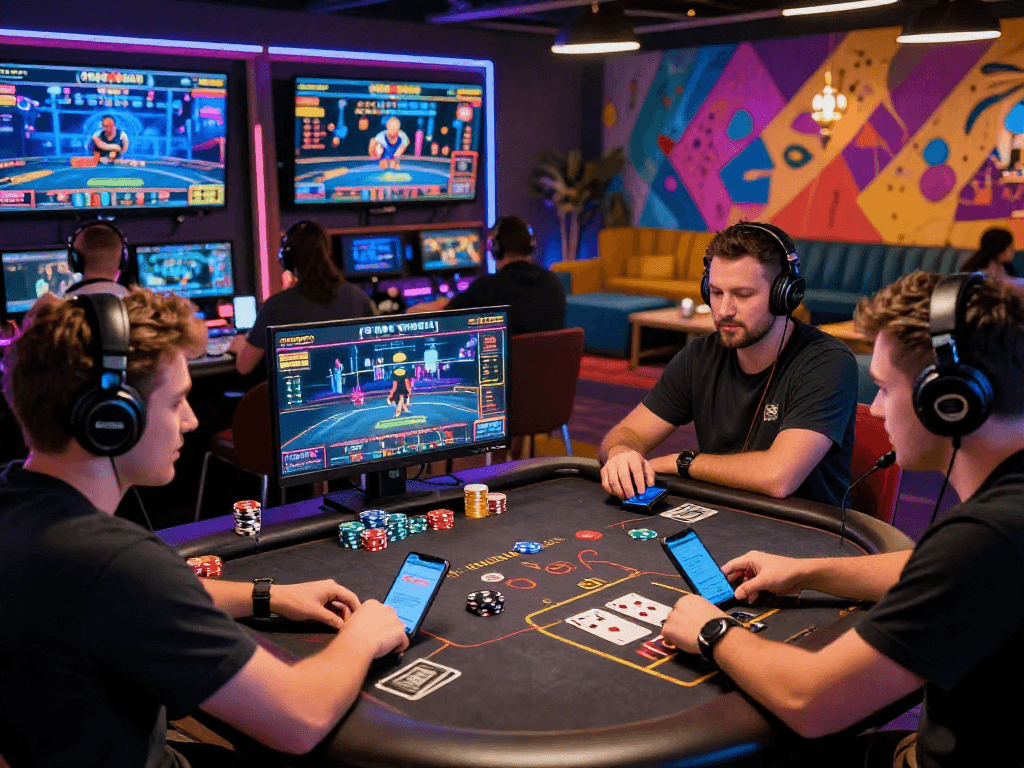 Dynamic online crypto casino gaming scene with excited players and digital wallets.