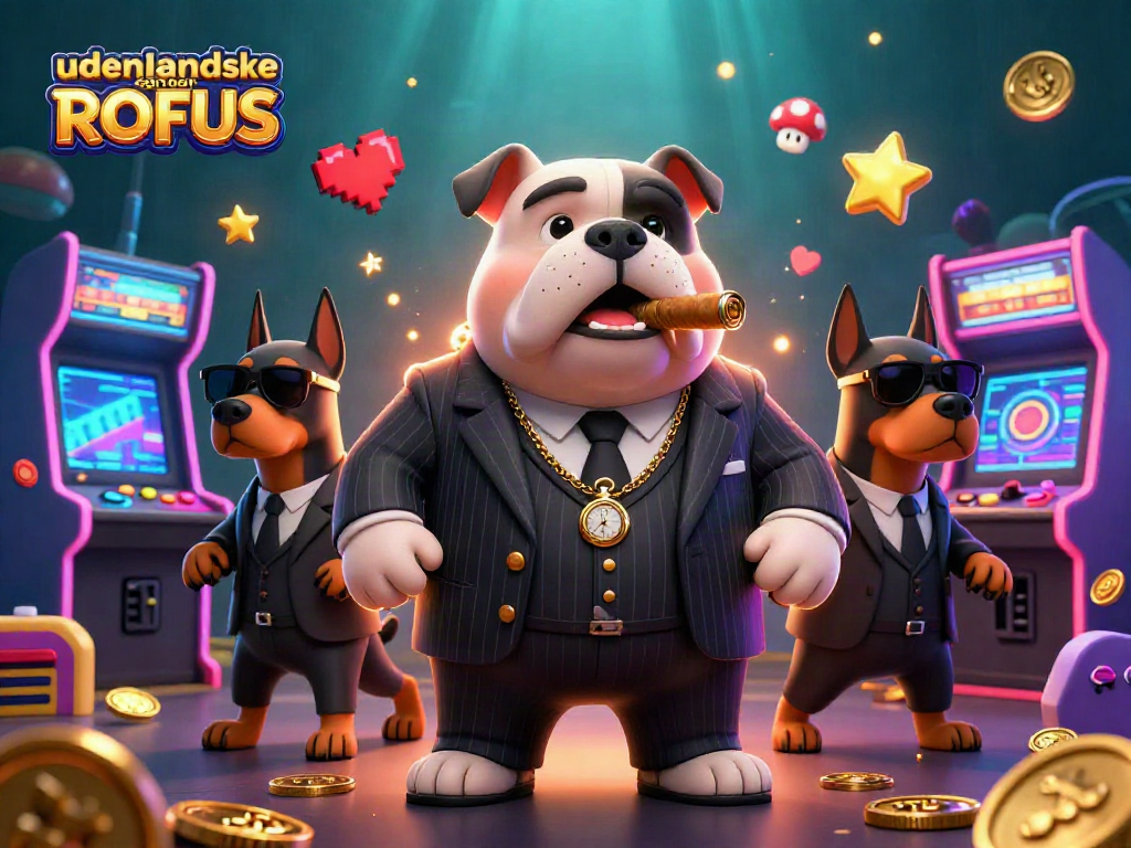 Engage with udenlandske casinoer uden ROFUS in a vibrant 3D casino scene featuring a mafia bulldog.