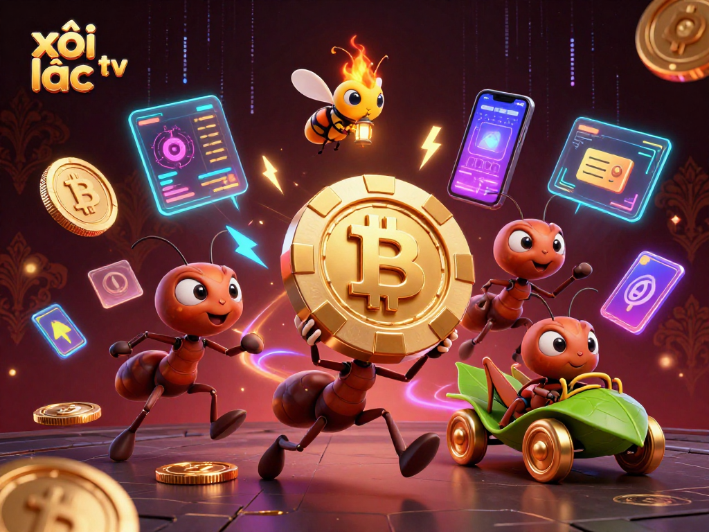 A 3D cartoon illustration showcasing xôi lạc tv, featuring ants carrying a massive poker chip in a vibrant casino heist scene.