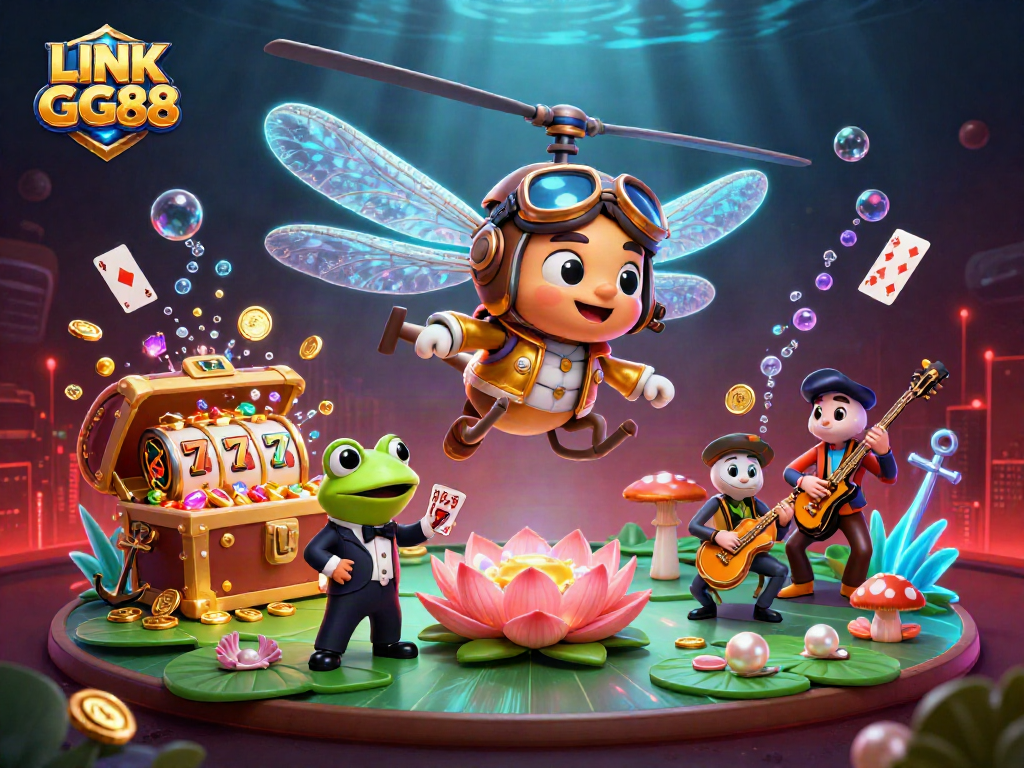 Engage with LINK GG88 at a vibrant lily pad casino featuring unique characters and dynamic gaming elements.