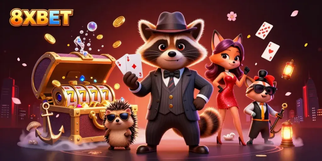 Engage with 8XBET's vibrant casino experience featuring a suave raccoon and stunning fox in a rich 3D scene.