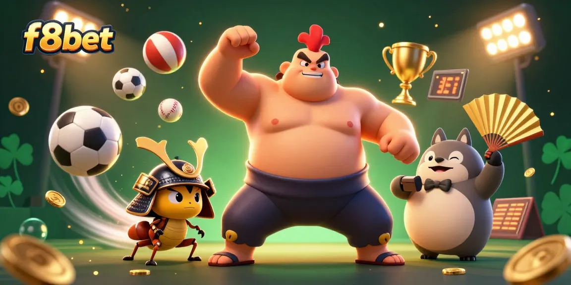 Experience thrilling gameplay at f8bet with powerful sumo wrestler and fierce cricket in this dynamic casino scene.