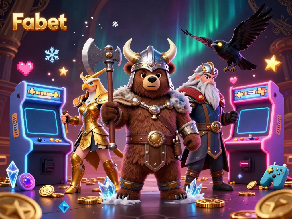 Experience thrilling gameplay at Fabet with a Viking and Valkyrie in a vibrant casino scene.