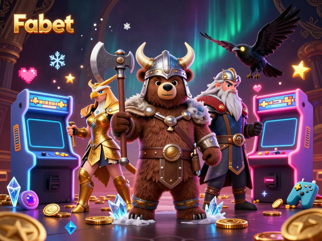 Experience thrilling gameplay at Fabet with a Viking and Valkyrie in a vibrant casino scene.