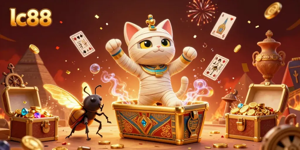 Experience lc88's vibrant atmosphere with a mummy cat and glowing scarab in a dynamic casino scene.