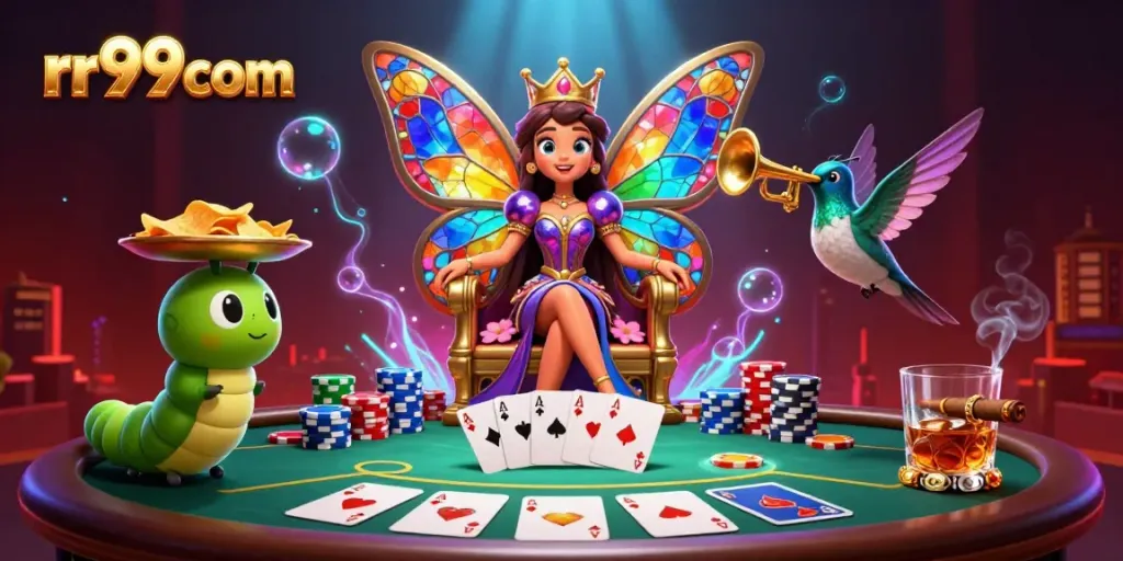 Experience the excitement of rr99 com with vibrant poker games and dynamic characters in a colorful casino scene.