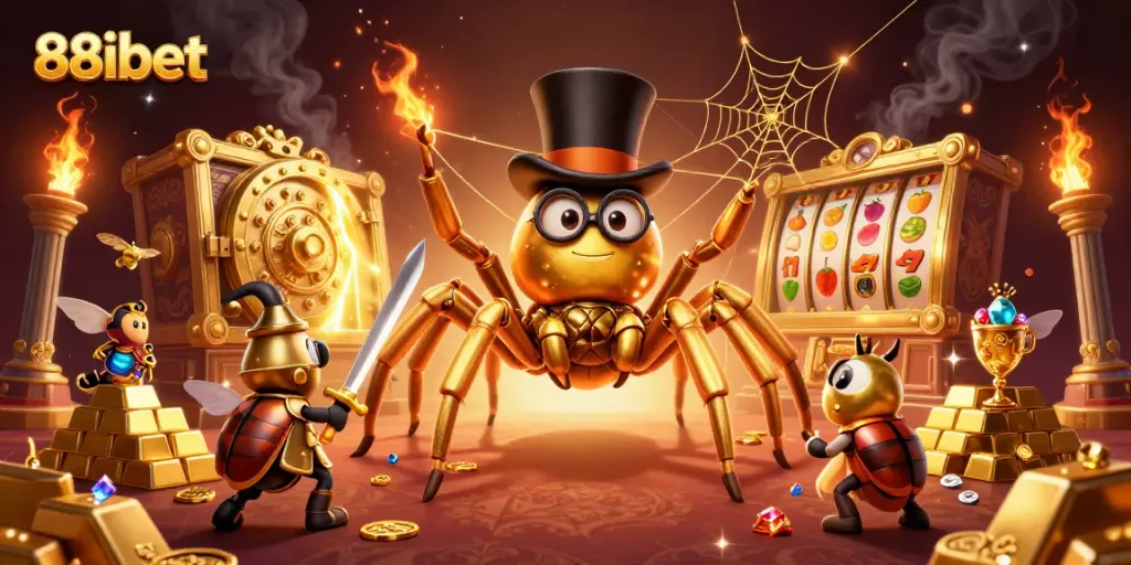 Experience the thrill of 88ibet with a vibrant 3D illustration of a golden tarantula and knight in a casino environment.