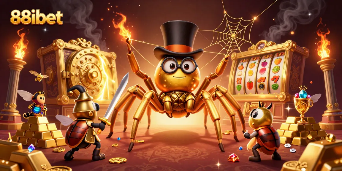 Experience the thrill of 88ibet with a vibrant 3D illustration of a golden tarantula and knight in a casino environment.