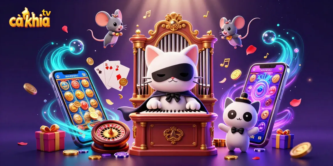 Cà khịa tv showcases vibrant casino artistry with a 3D cat playing organ amidst lively gaming elements.