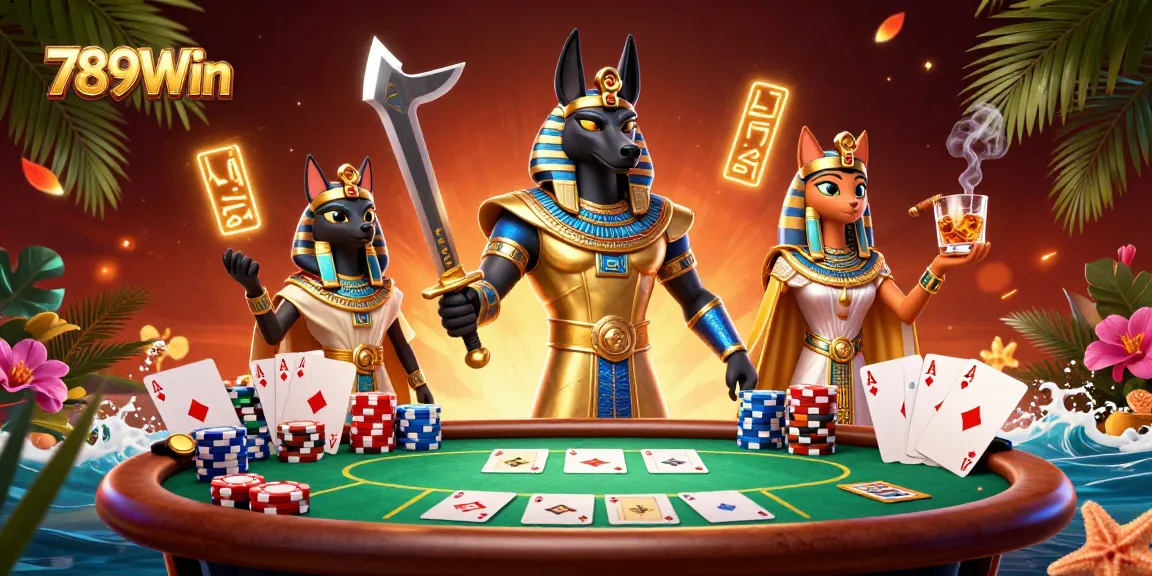 Experience thrilling gaming action at 789Win with Egyptian warrior Anubis and Bastet in a vibrant casino scene.