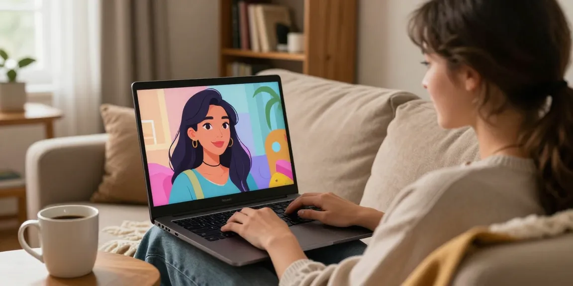 Engaging scene of a user interacting with their girlfriend AI on a laptop, creating a warm atmosphere.