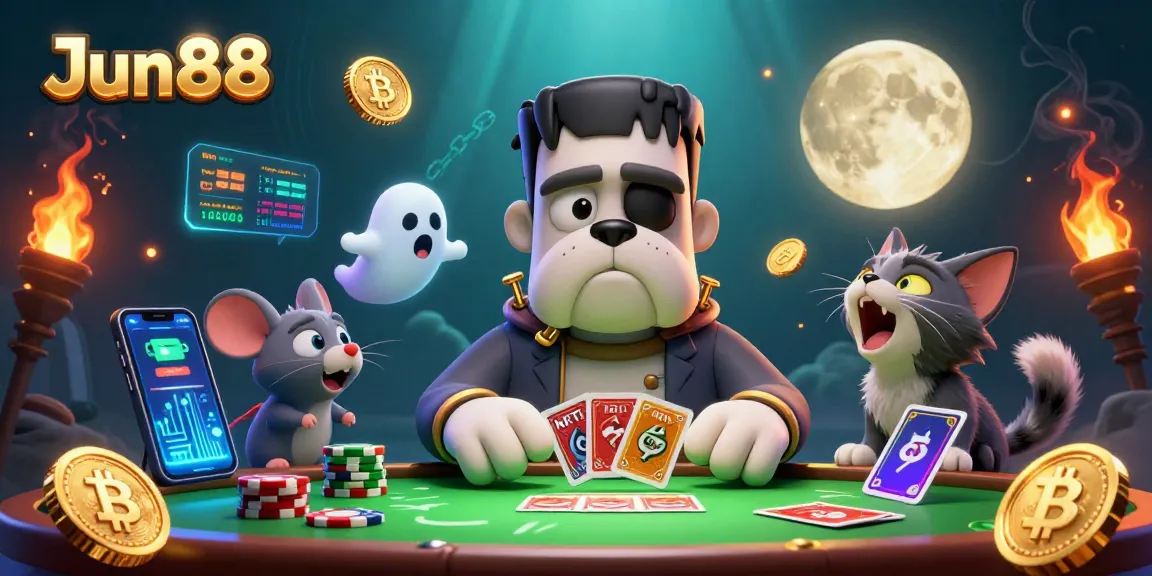 Engage with Jun88's thrilling gambling experience featuring a whimsical scene of characters and neon elements.