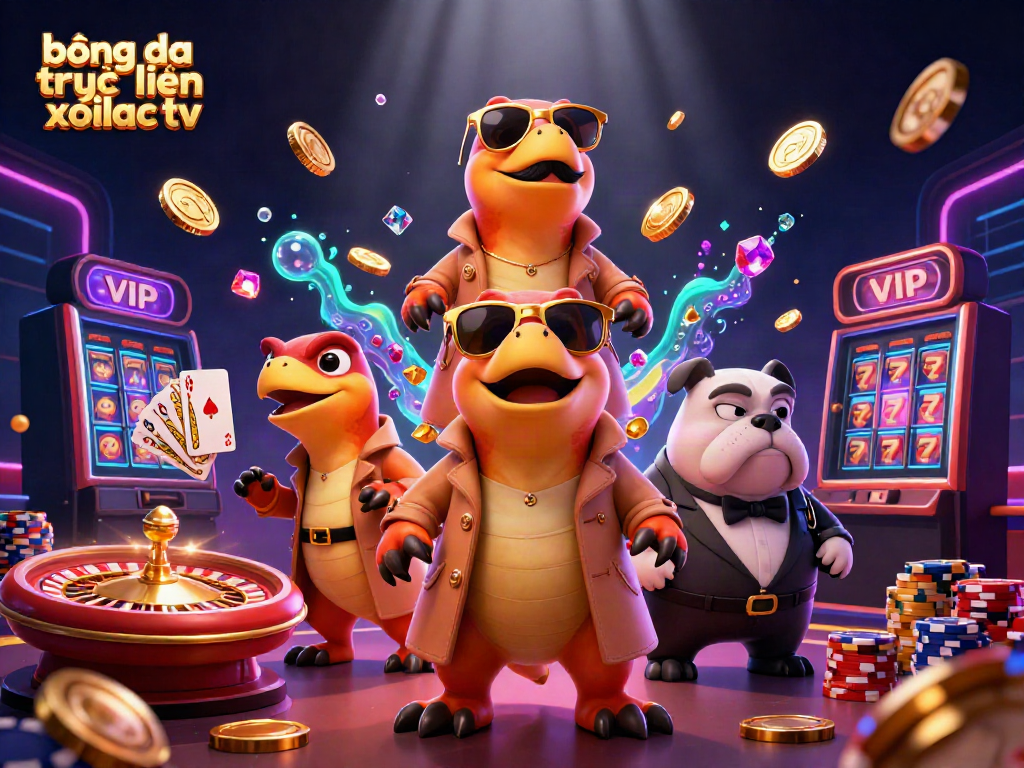 Watch the dynamic scene of bóng đá trực tuyến xoilac tv featuring cartoon raptors in a casino setting.