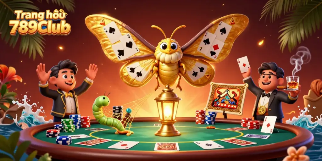 Experience thrilling games at Trang chủ 789Club with vibrant casino illustrations of poker and moths.