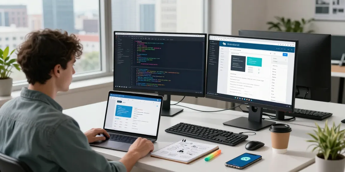 Developer using the Telegram web version in a modern workspace with dual monitors and city views.