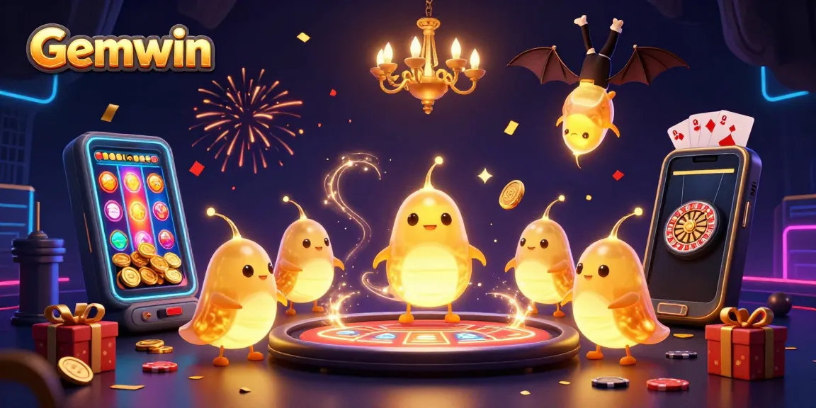 Experience Gemwin's vibrant casino adventure with glowing glowworms and a bat dealer in a lively environment.