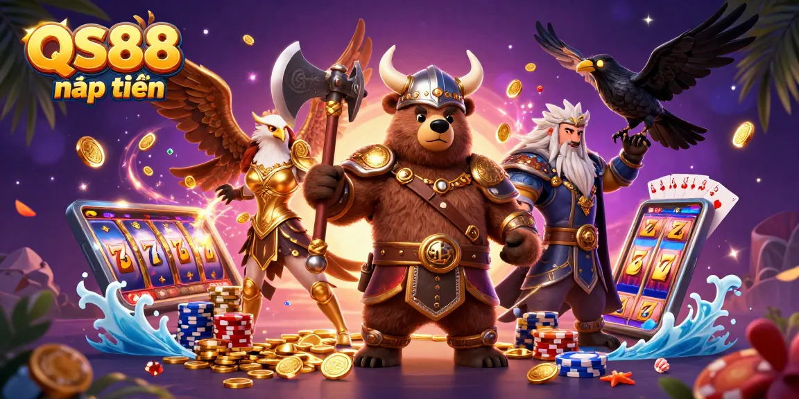 Viking bear and Valkyrie celebrating wins at QS88 nạp tiền with flying coins and a spinning slot machine