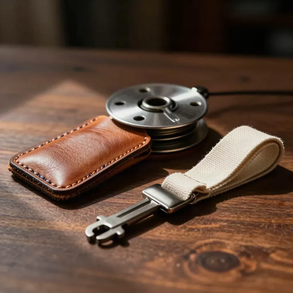 Badge reel, nyckelhylsa i läder och hopvikt lanyard på mörk valnöt med dramatiskt ljus.
