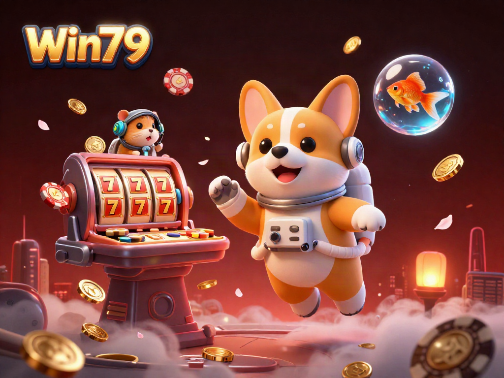 Win79 casino scene with floating games, gold coins, and a happy corgi in space.