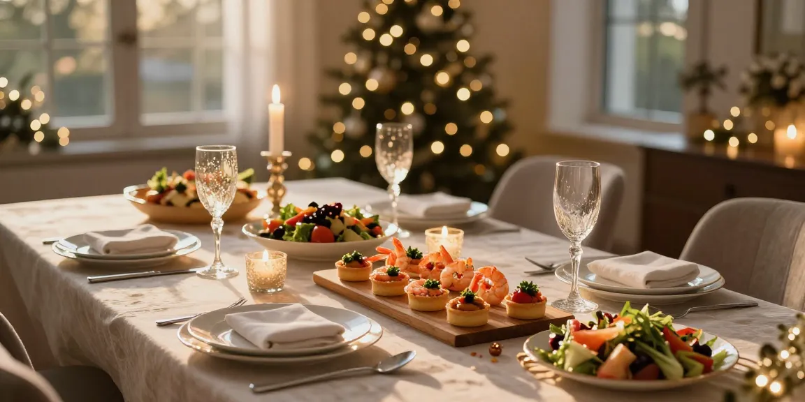 Förrätter till nyår elegant dukat bord med läckra tilltugg och festlig atmosfär.