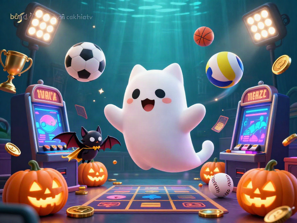 Engage in bóng đá trực tuyến cakhiatv with a friendly ghost cat exploring a haunted casino highlighted with sports elements.
