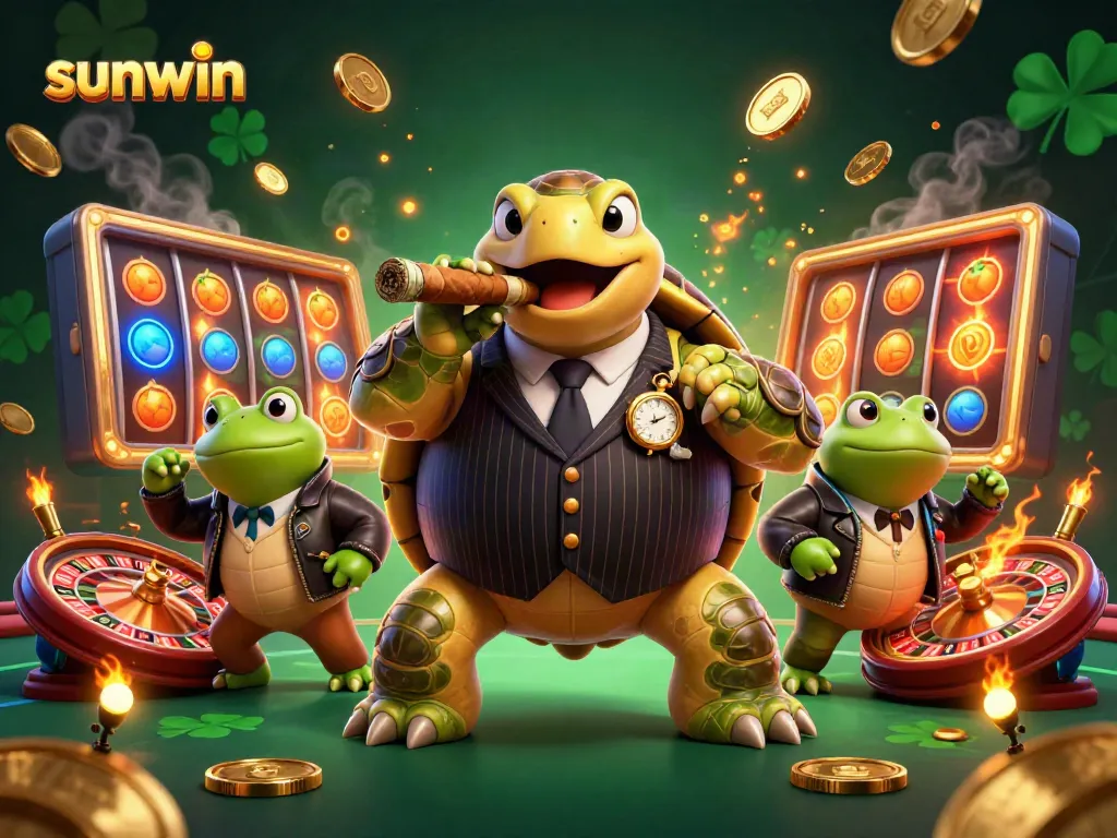 Experience the excitement of sunwin with a snapping turtle mobster and bullfrog enforcers amidst swirling slot reels and jackpots.