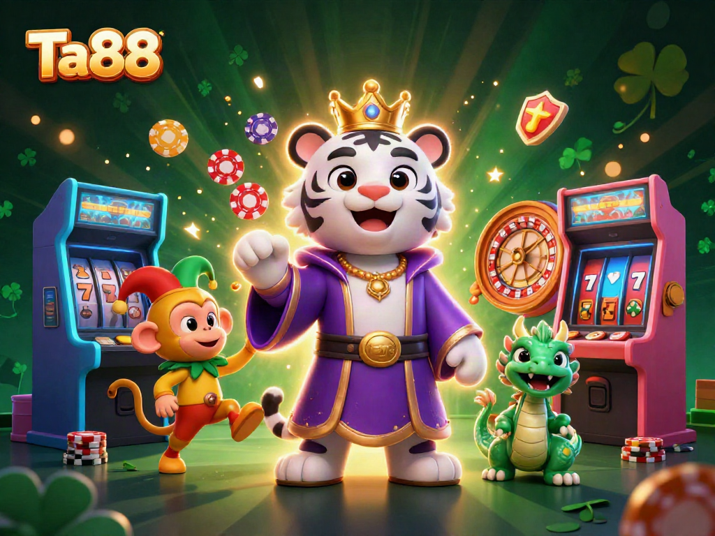Engage in thrilling gameplay at Ta88 with an enchanting scene of a royal tiger, playful monkey, and jade dragon surrounded by vibrant casino elements.