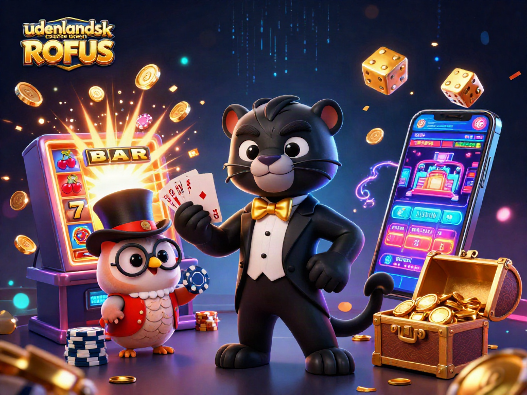Experience the thrill of udenlandsk casino uden ROFUS with stylish characters, winning cards, and vibrant casino elements.