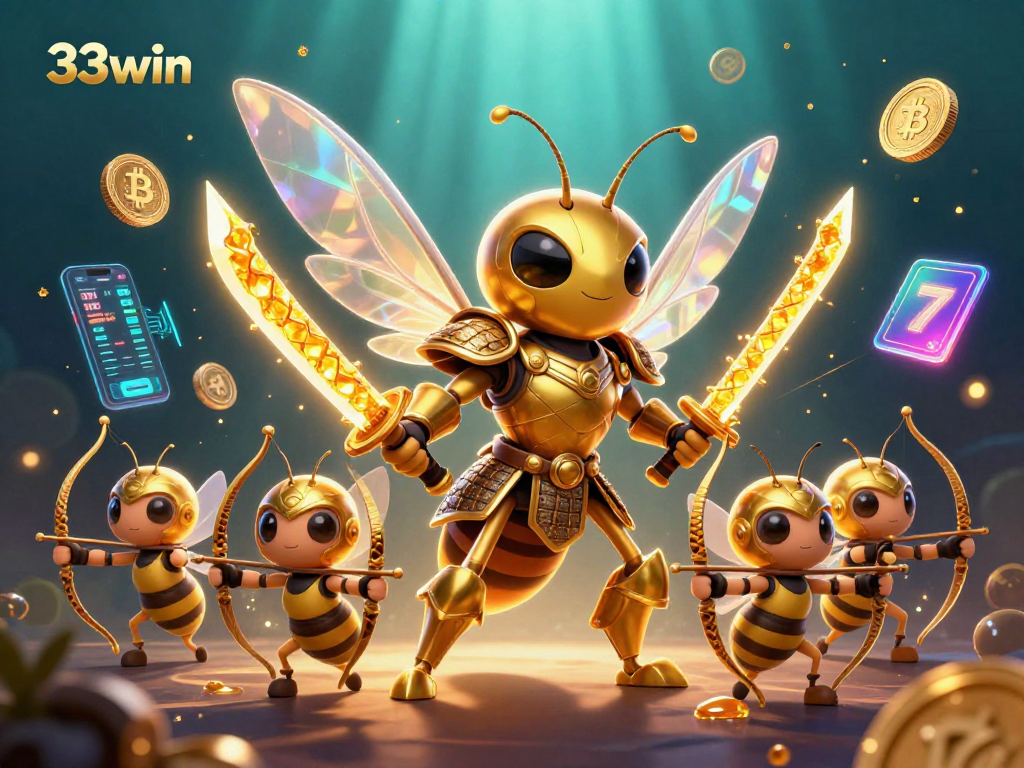 Engage in thrilling 33win slots with vibrant characters and glowing crypto elements.