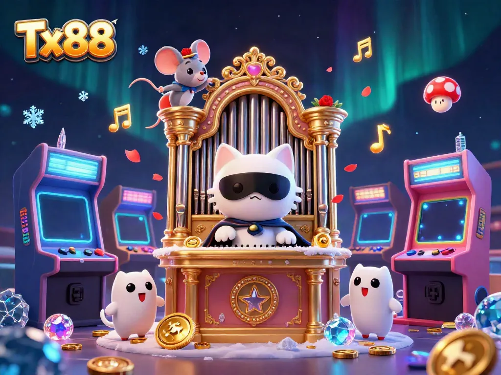 Experience the captivating gaming world of Tx88 with a dazzling 3D illustration featuring a white cat in a casino setting.
