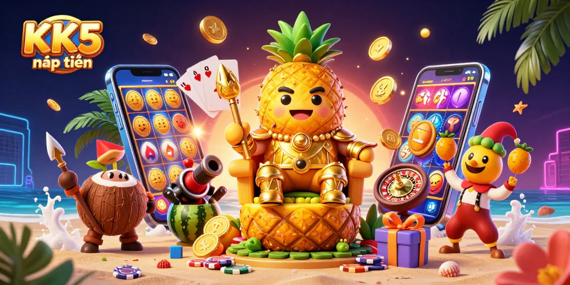 Experience the vibrant world of KK5 nạp tiền with golden coins, slot games, and dynamic characters like the pineapple king.