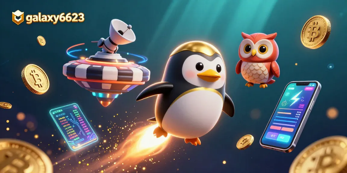 Play exciting games at galaxy6623 with a golden penguin racing towards a vibrant casino space station.