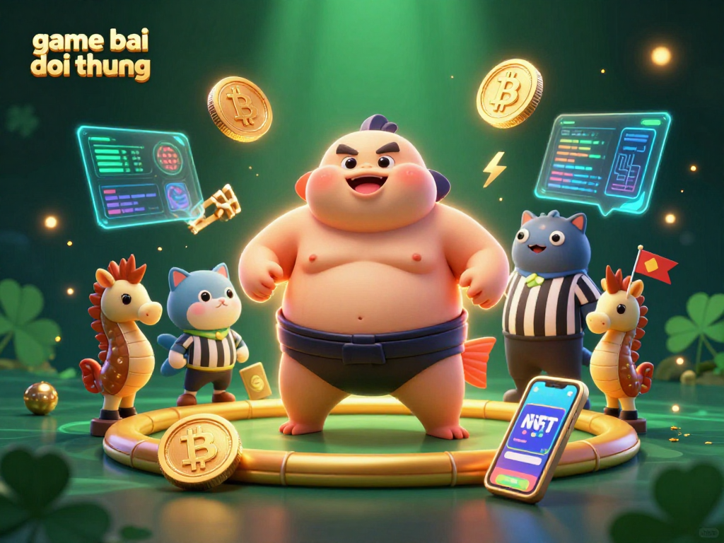 Engage in game bai doi thuong with a dynamic 3D illustration showcasing unique characters and crypto elements.