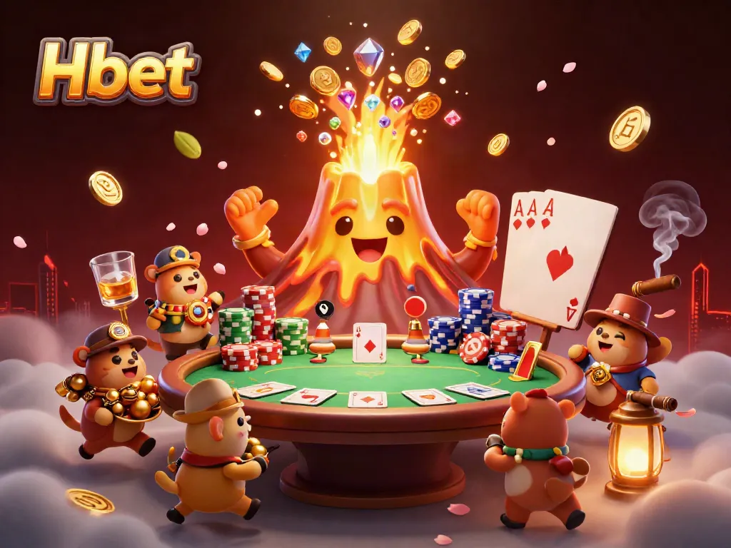 Experience Hbet with golden volcano treasure, poker setting, and vibrant casino elements.
