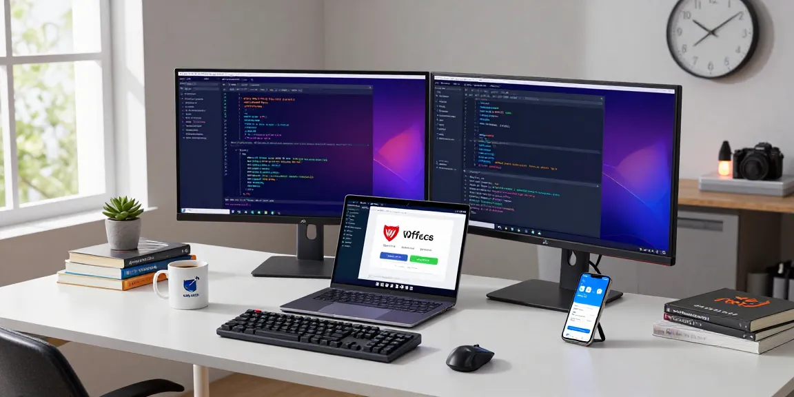 Professional workspace with a developer downloading WPS Download on a laptop with dual monitors and coding setup.