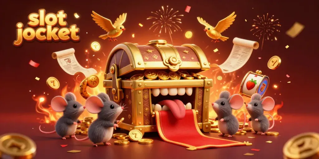 Engaging illustration of slot jackpot featuring a treasure chest lure and adventurer mice amidst bright slot symbols.