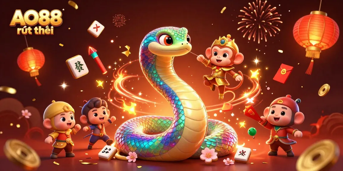 Experience the thrill of AO88 rút tiền with a vibrant scene of a rainbow serpent and monkey king in a magical casino world.