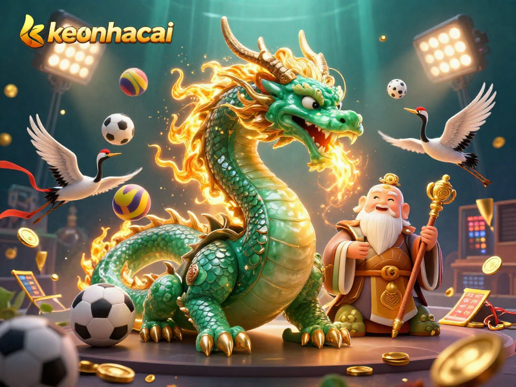 Bet on keonhacai as the emerald dragon breathes fire with dynamic sports elements in a rich 3D scene.