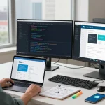 Developer using the Telegram web version in a modern workspace with dual monitors and city views.