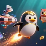 Play exciting games at galaxy6623 with a golden penguin racing towards a vibrant casino space station.