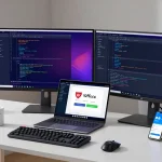 Professional workspace with a developer downloading WPS Download on a laptop with dual monitors and coding setup.