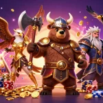 Viking bear and Valkyrie celebrating wins at QS88 nạp tiền with flying coins and a spinning slot machine