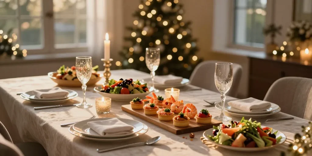 Förrätter till nyår elegant dukat bord med läckra tilltugg och festlig atmosfär.