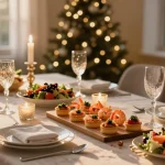 Förrätter till nyår elegant dukat bord med läckra tilltugg och festlig atmosfär.