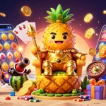 Experience the vibrant world of KK5 nạp tiền with golden coins, slot games, and dynamic characters like the pineapple king.