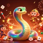 Experience the thrill of AO88 rút tiền with a vibrant scene of a rainbow serpent and monkey king in a magical casino world.